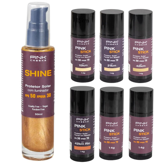 Kit Protetor Solar Iluminador FPS50 Shine Pink Cheeks 50ml e Pink Stick FPS 90 Protetor Solar Cores Variadas